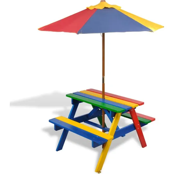 Brne picnicbord med parasol i tr, flerfarvet