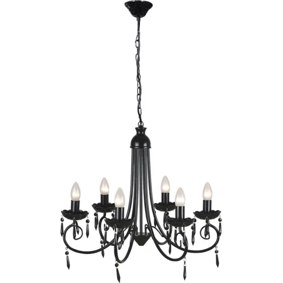 Sort lysekrone med 6 pærefatninger og krystaldetaljer