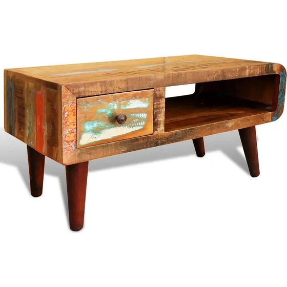 Sofabord i genbrugstræ med afrundet side og skuffe