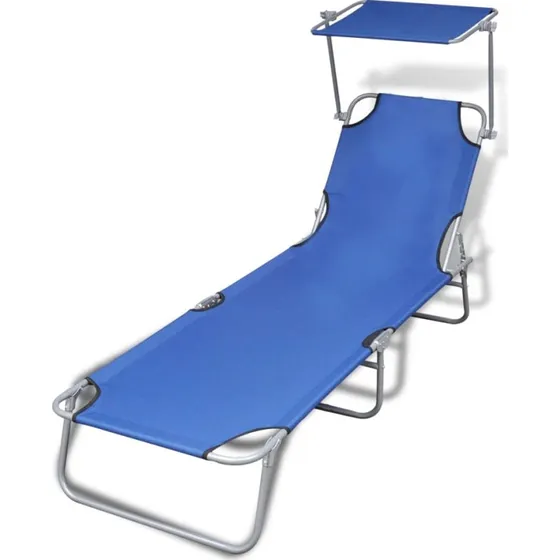 Foldbar liggestol med baldakin i stål og stof – blå