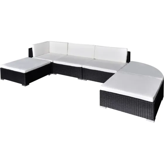 Haveloungesæt 6 dele i sort polyrattan med hynder