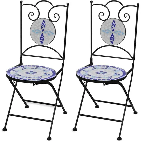 Foldbare bistrostole 2 stk. – blå/hvid keramisk mosaik