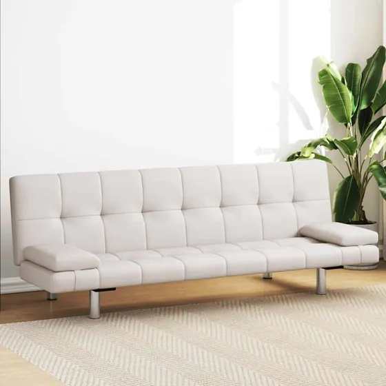 Justérbar sovesofa i creme kunstlæder med 2 puder