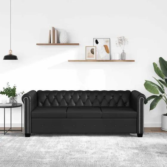 Chesterfield 3-personers sofa i kunstlæder, sort