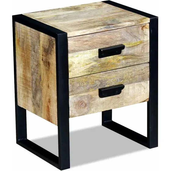 Sidebord i massivt mangotræ med 2 skuffer – industrielt 43x33x51