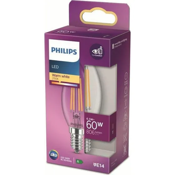 Philips LED-pre E14 Candle 6,5W (60W) 2700K varm hvid