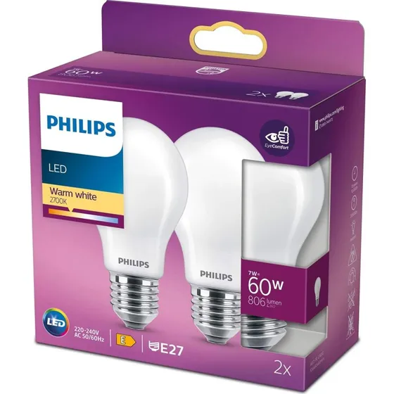 Philips LED E27 60W (7W) Frost 2700K  2-pak