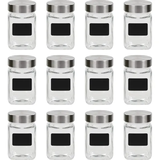 Opbevaringsglas 12 stk. 300 ml med etiketter og sølv låg