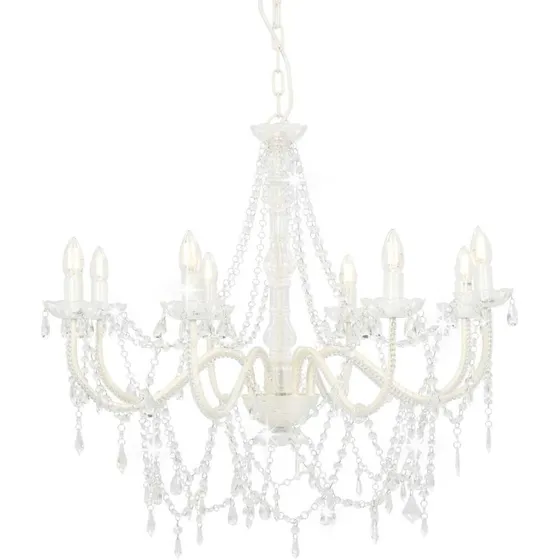 Lysekrone med perler, 8 x E14, hvid