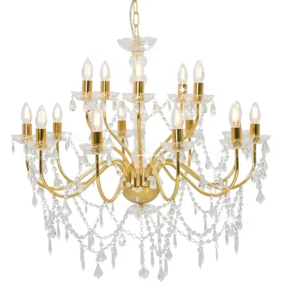 Lysekrone 2-lag guldfarvet med 15 x E14 og krystaller