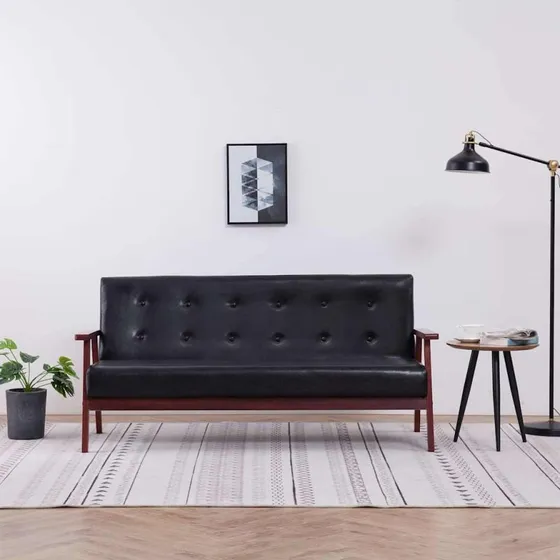 3-personers retro sofa i kunstlæder, sort