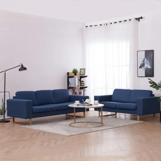 Sofasæt 2 dele i blåt stof – komfortabelt & vaskbart