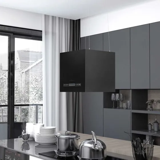 Hængende ø-emhætte 37 cm, pulverlakeret stål, touch LCD