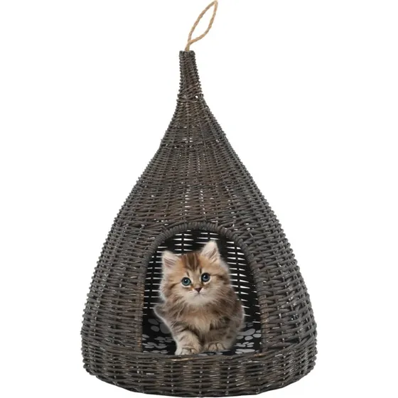 Kattehus tipi med hynde 40x60 cm – naturpil/grå