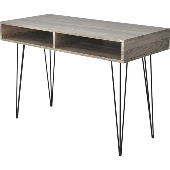 Skrivebord med 2 rum  gr/eg MDF og metalben