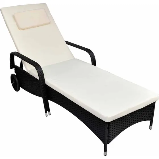 Liggestol i sort polyrattan med hynde og hjul