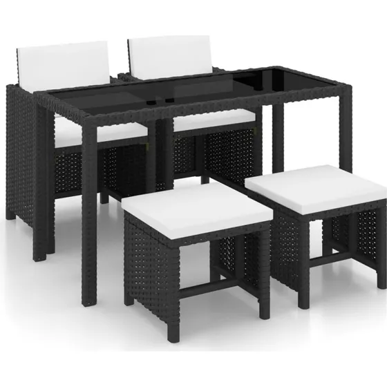 Udendørs spisebordssæt 5 dele i sort polyrattan med hynder