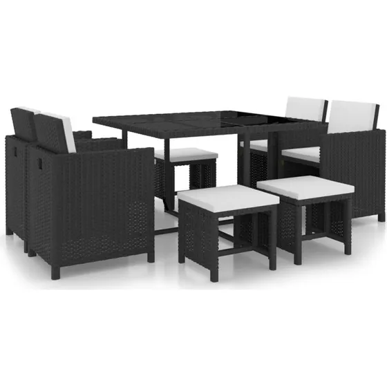 Udendørs spisebordssæt 9 dele i sort polyrattan