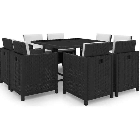 Udendørs spisebordssæt 9 dele i sort polyrattan