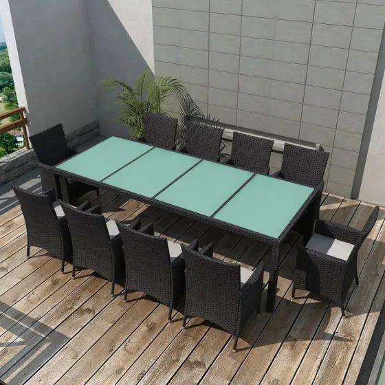 Udendørs spisebordssæt 11 dele i sort polyrattan