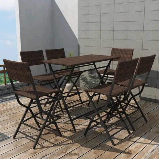 Foldbart udendørs spisebordssæt 7 dele - stål/polyrattan, brun