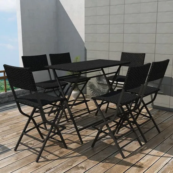 Foldbart udendørs spisebordssæt 7 dele – sort polyrattan