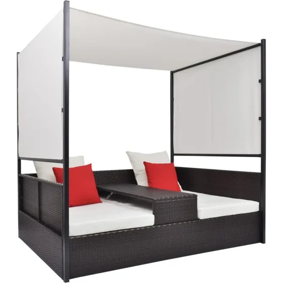 Solseng med baldakin 2-person polyrattan brun 190x130 cm