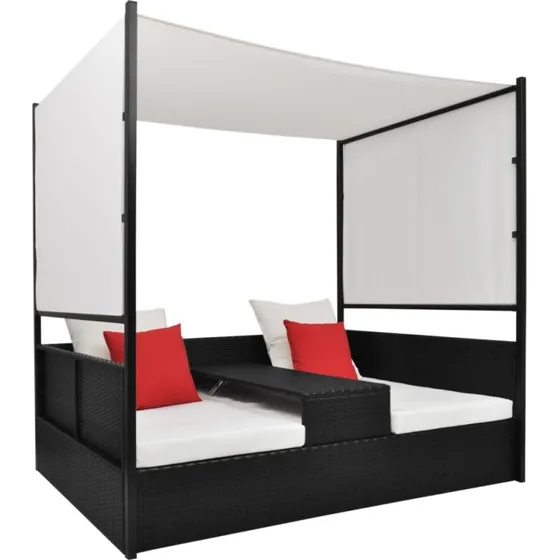 Solseng til 2 med baldakin i sort polyrattan 190x130 cm