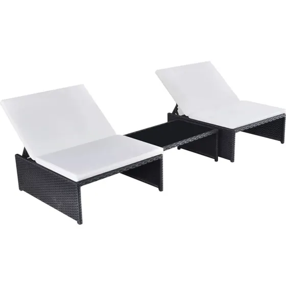 Havestole 2 stk. med lænefunktion og bord - polyrattan, sort