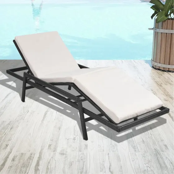 Polyrattan liggestol med hynde – sort solseng til have
