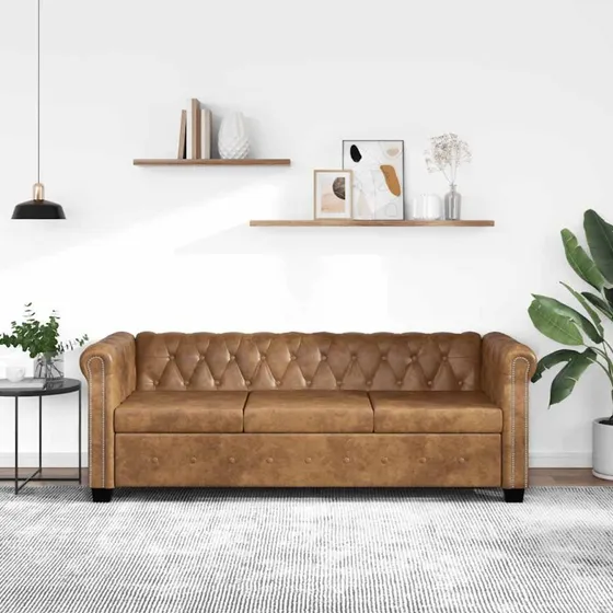 Chesterfield 3-personers sofa i brun kunstlæder