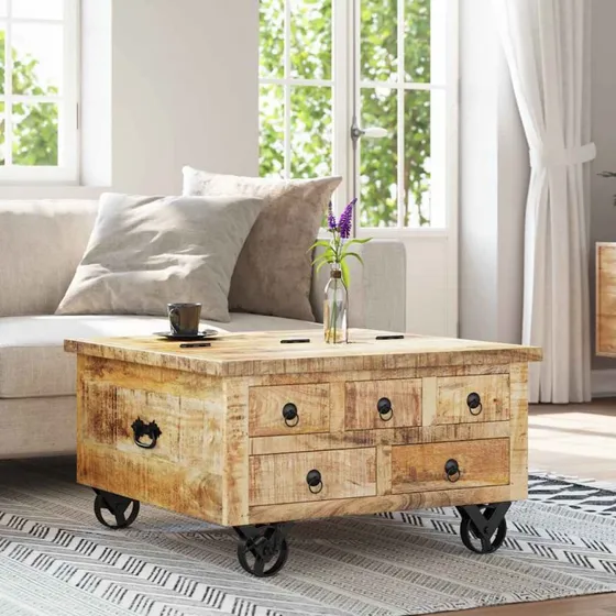 Sofabord i ru mangotræ 70x70x40 cm - vintage industriel