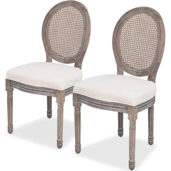 2x spisebordsstole i creme stof med rattanrygln