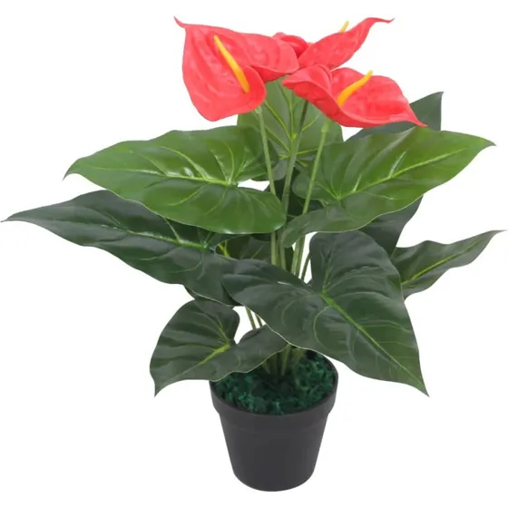 Kunstig flamingoblomst i potte 45 cm - rød/gul