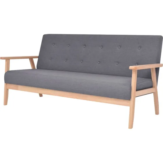 3-personers sofa i mørkegråt stof med træramme