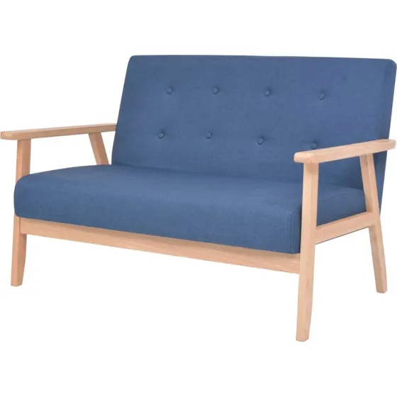 2-personers sofa i blåt stof – komfort & træramme