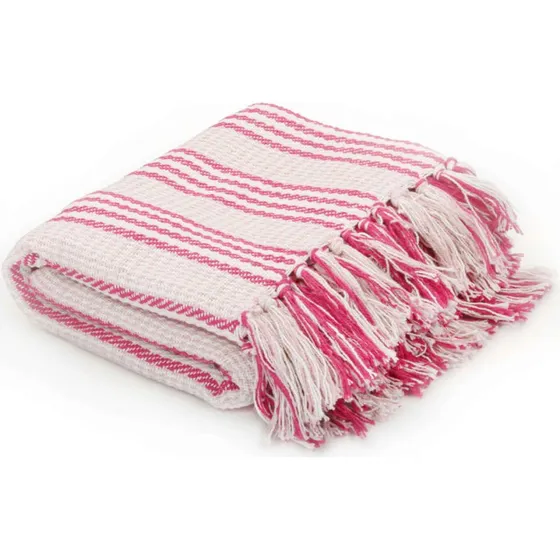 Plaid 125x150 cm 100% bomuld – lyserød/hvid med frynser