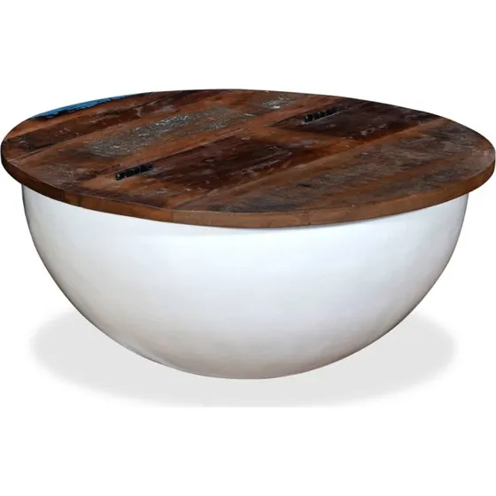 Sofabord i massivt genbrugstræ med hvid skålbase