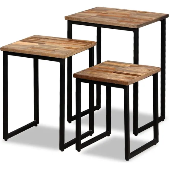 Indskudt sofabordssæt 3 dele i genbrugsteak