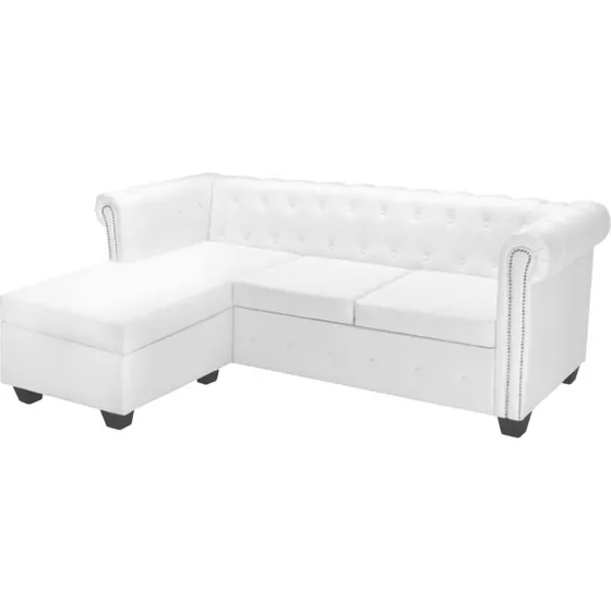 L-formet Chesterfield sofa i hvidt kunstlæder med puf