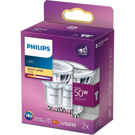 Philips LED GU10 4,6W (50W) 2700K 2-pak - varm hvid