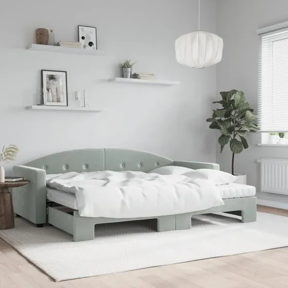 Daybed med udtræk & madras 80x200 cm - lysegrå velour