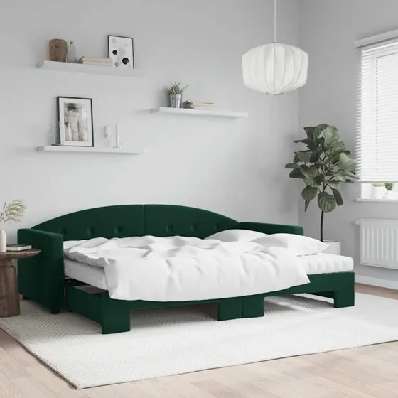Daybed med udtræk og madras 80x200 cm – velour mørkegrøn