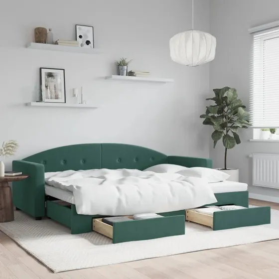 Daybed med udtræk og skuffer 80x200 cm – velour mørkegrøn