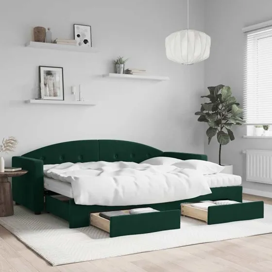 Daybed med udtræk & skuffer 80x200 cm velour - mørkegrøn