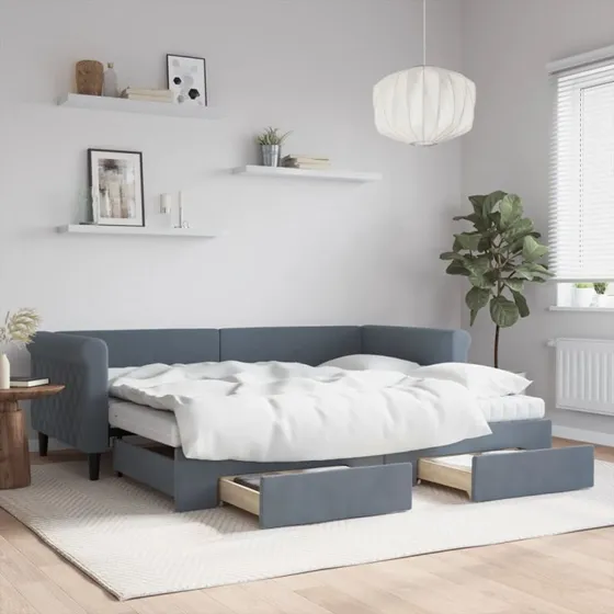 Daybed 2-i-1 med udtræk & skuffer 90x200 velour mørkegrå