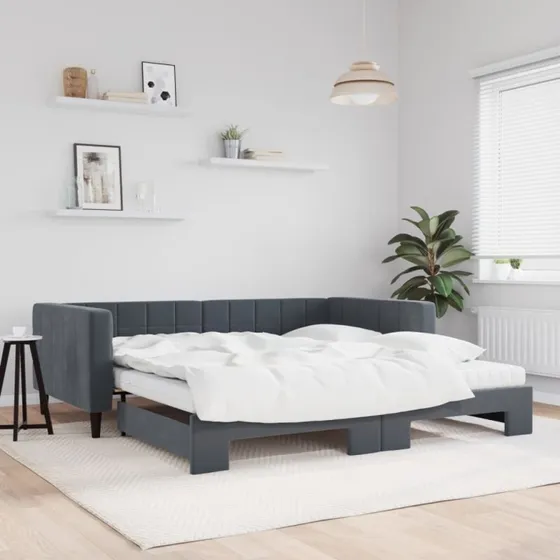 Daybed med udtræk og madras 100x200 cm - Velour mørkegrå