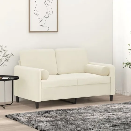 2-personers velour sofa 120 cm med pyntepuder - creme
