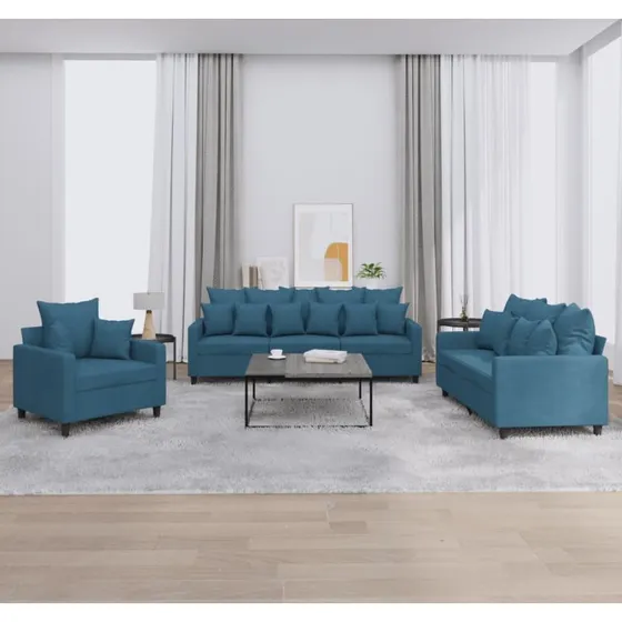 Sofasæt 3 dele i blå velour med hynder