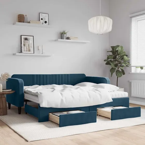 Daybed med udtræk & 2 skuffer 90x200 cm velour blå